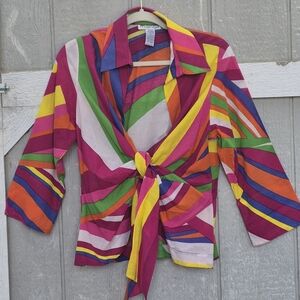 MISNCA Women's Blouse Vintage Inspired Front Tie 100% Cotton Multicolor Size L